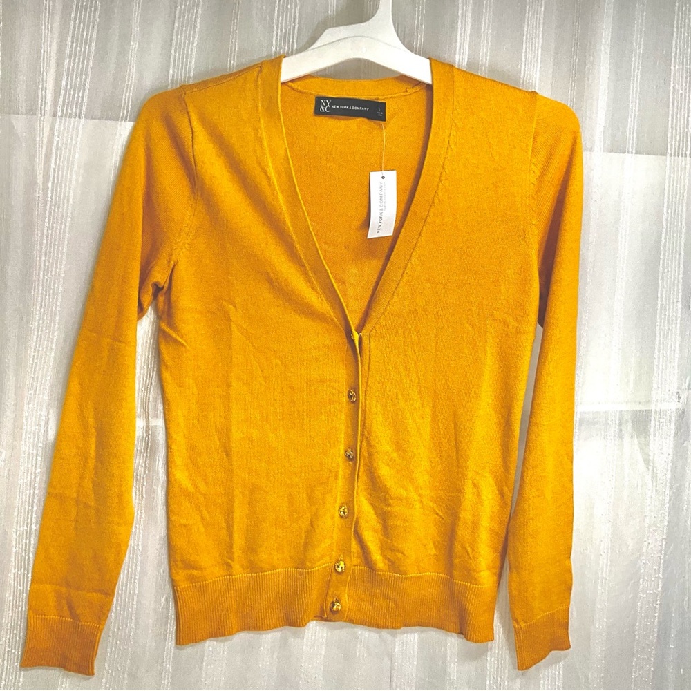 New York & Company Mustard Button-Up Cardigan - Picture 3 of 8